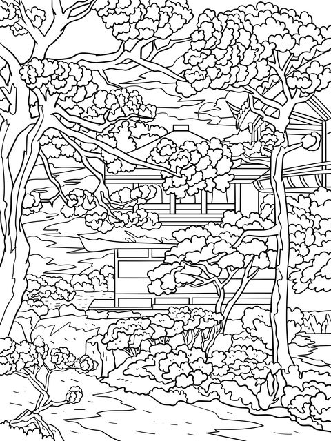 Japanese Cherry Blossom Scenery Coloring Page