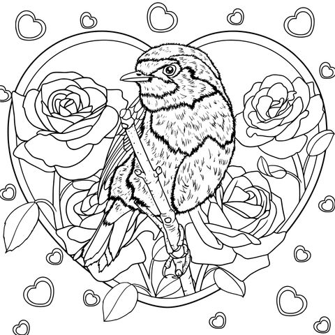 Bird and Roses Coloring Page in a Heart - shaped Frame