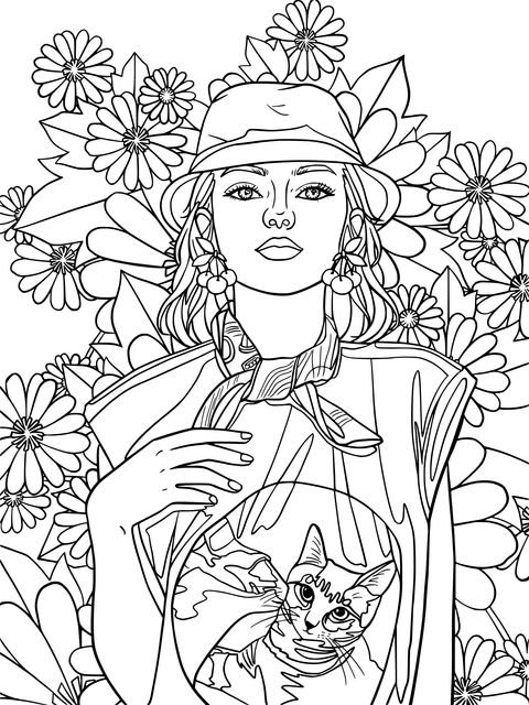 Fashionable Girl and Cat Illustration Coloring Page