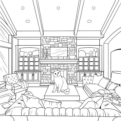 Cozy Living - room with Cat Coloring Page