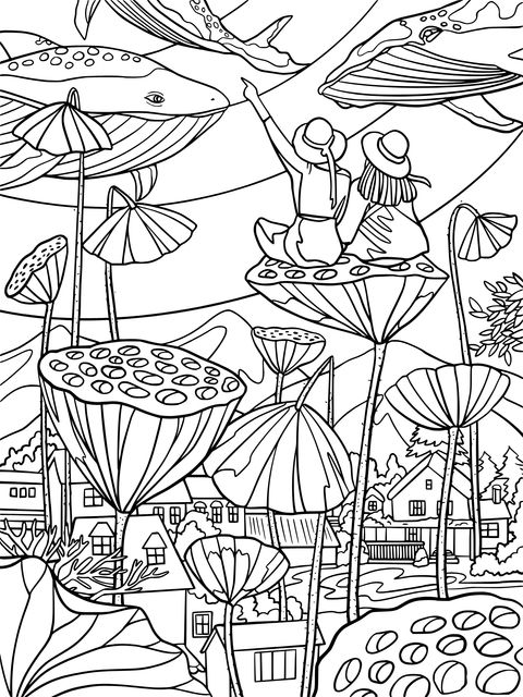 Fantasy Scene on Magical Lotus - Coloring Page