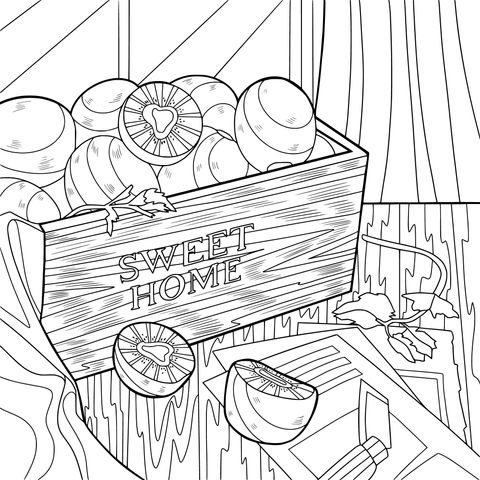 Coloring Page Illustration of Kiwifruits in a Wooden Box