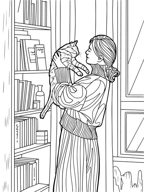 Heart - warming Moment: Girl and Cat Intimate Interaction Coloring Page