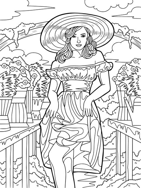 Coloring Page of a Lady in a Pink Dress and Straw Hat in the Garden