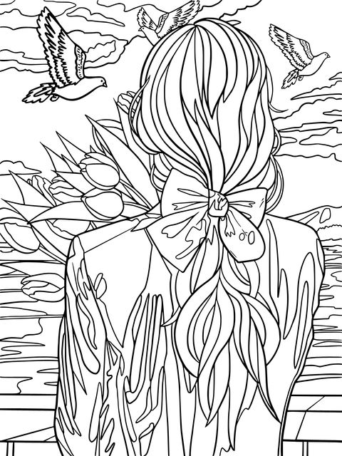 Coloring Page of a Girl with Tulips and White Doves