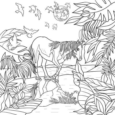 Coloring Page of a White Horse under a Dreamy Moonlit Night