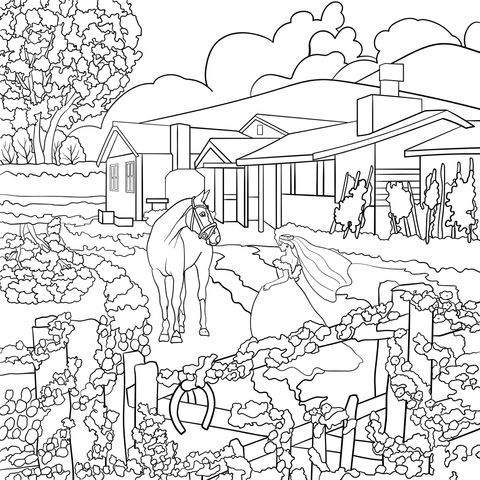 Coloring Page of a Bride and a Horse in a Fairy - tale Style