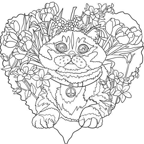 Lindo Gato con Corazón Floral - Hoja de Colorear