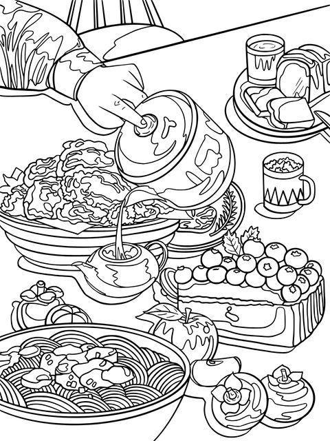 Food Illustration Coloring Page: Enjoy the Fun of Drawing a Rich Meal