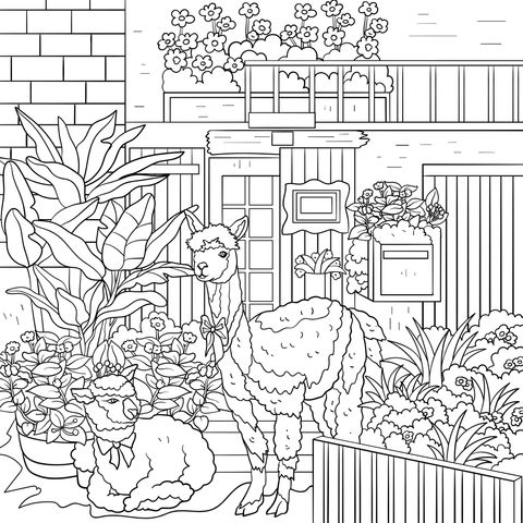 Alpaca Courtyard Scenery Coloring Page