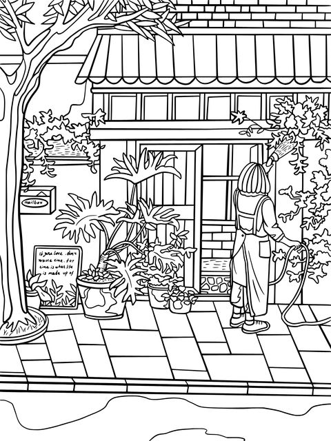 Coloring Page of a Courtyard Watering Scene