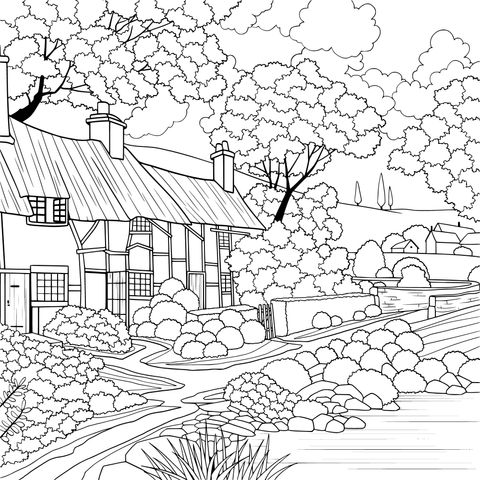 Rural Cottage Landscape Coloring Page