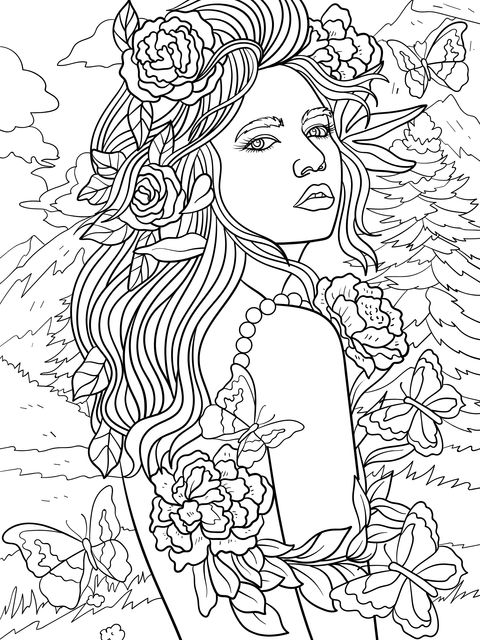 Beautiful Woman Surrounded by Flowers Coloring Page