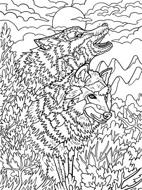 Two Wolves Howling Landscape Coloring Page