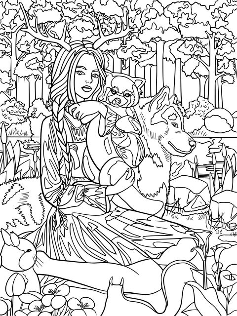 The Girl and Animals in the Forest