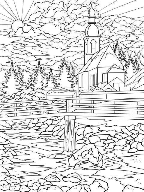 Beautiful Church Landscape Coloring Page