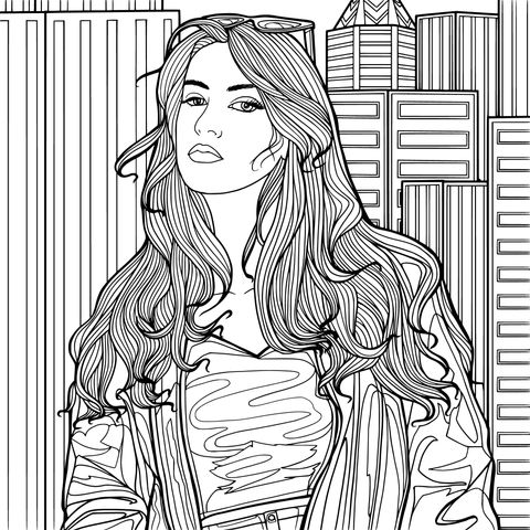 Fashionable Girl with City Background Coloring Page