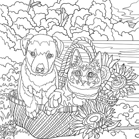 Coloring Page of a Dog and a Cat Sitting in a Basket