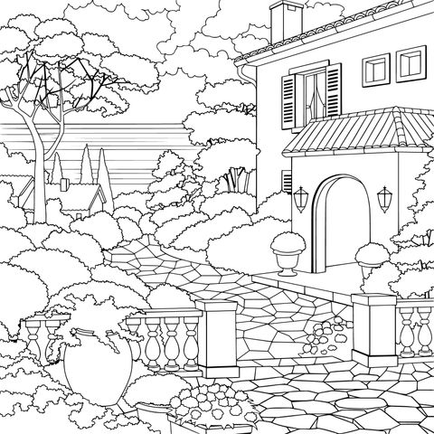 Mediterranean - style Villa Garden Coloring Page