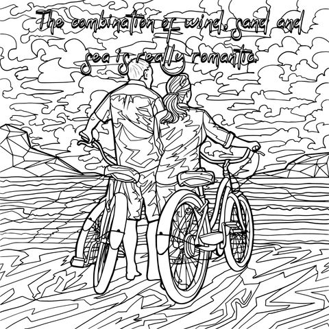 Couple Cycling by the Sea Coloring Page