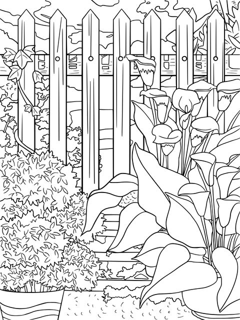 Página de Colorear de una Bonita Escena de Jardin