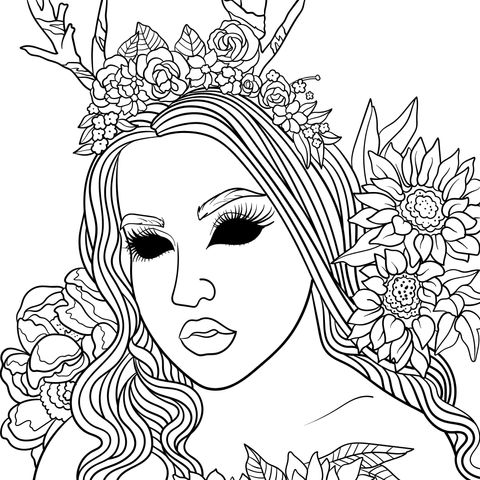 Dreamy Floral - Antlered Maiden Coloring Page