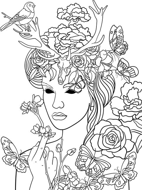 Fantasy Nature - themed Coloring Page: Beautiful Woman with Animals and Plants