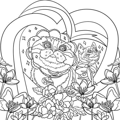 Adorable Cats in Heart - Shaped Frame with Flowers Coloring Page