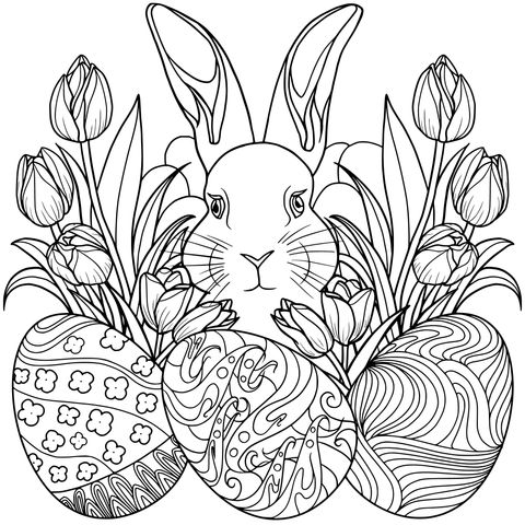 Página de colorear de conejo de Pascua y huevos