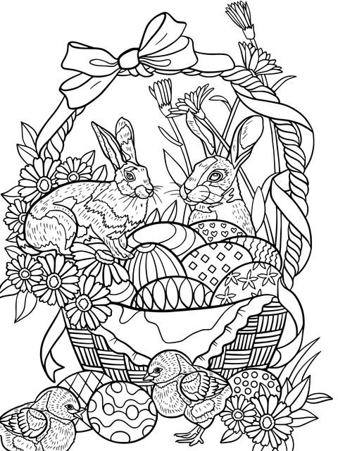 Easter - themed Coloring Page: Basket, Rabbits and Eggs