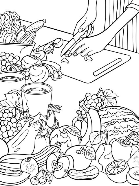 Vegetables and Fruits Coloring Page: A Vegetable - Cutting Scene