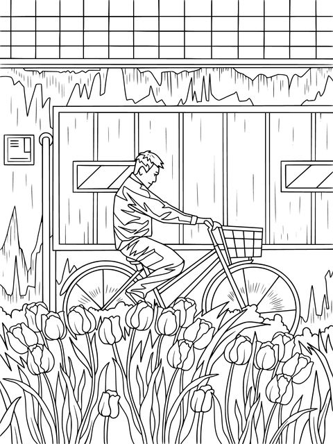 Página para Colorear de un Hombre en Bicicleta con Paisaje de Tulipanes