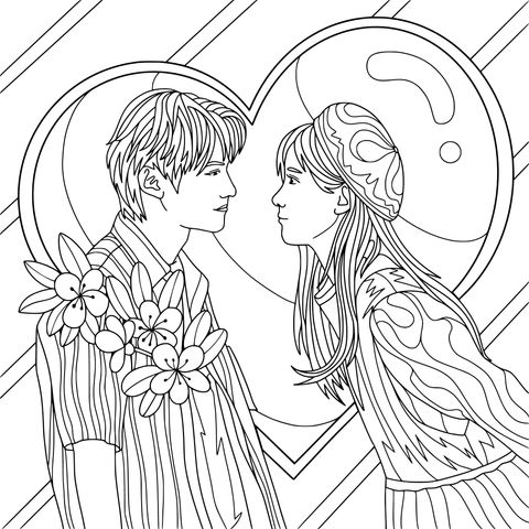 Romantic Couple Coloring Page Illustration