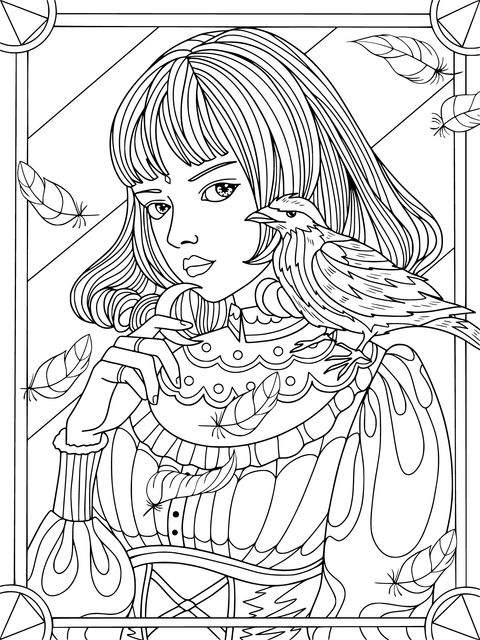 Gothic - style Girl and Crow Coloring Page