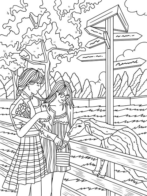 Coloring Page Illustration of Girls Interacting with a Lamb