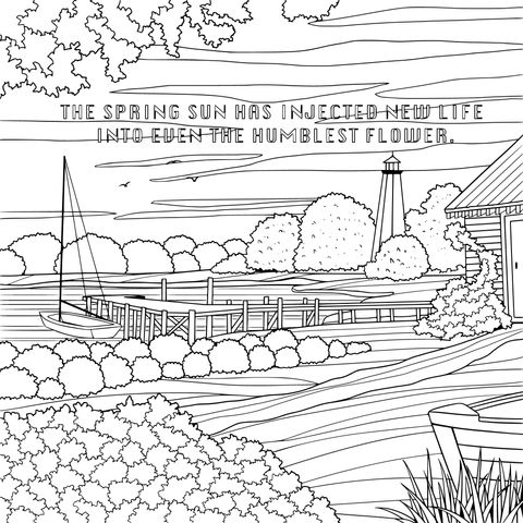 Spring Landscape Coloring Page: Seaside Scenery and Floral Beauty