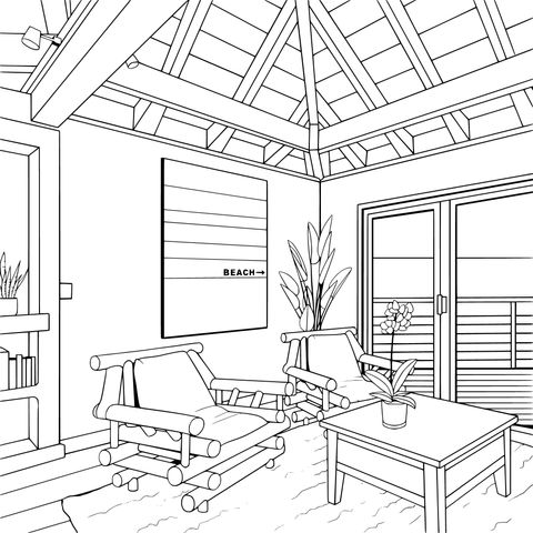 Seaside Log - Cabin Interior Coloring Page