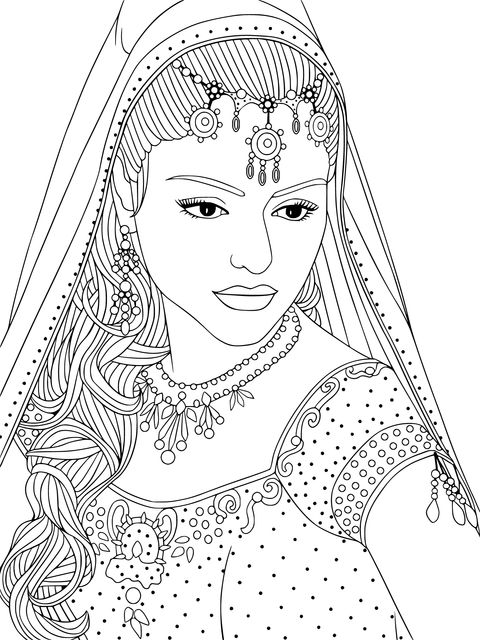 Coloring Page of a Woman in Traditional Indian Attire