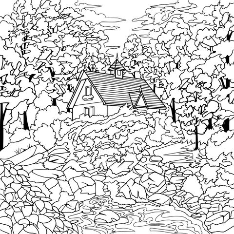 Coloring Page of a Cottage by the Forest Stream