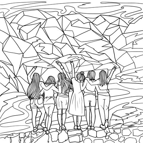 Coloring Page of Five Girls on Seaside Rocks