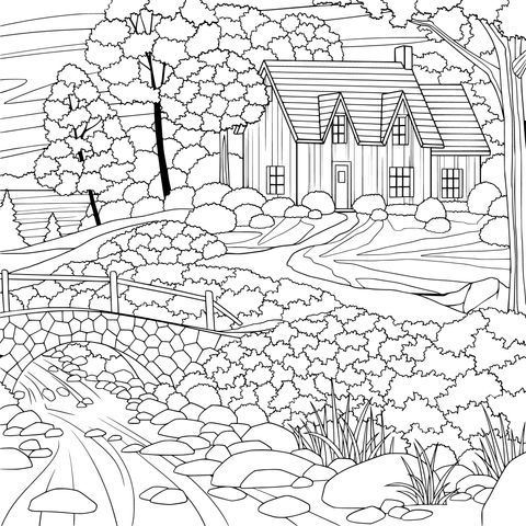 Rural Cottage Landscape Coloring Page