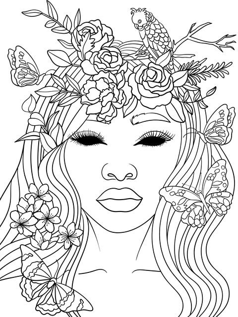 Dreamy Floral - Butterfly Woman Illustration Coloring Page