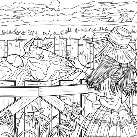 Coloring Page of a Girl Interacting with a Cow