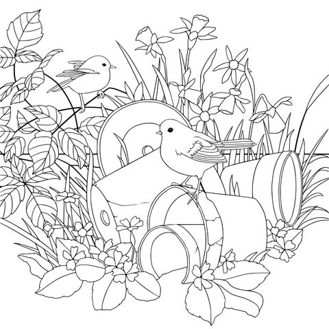 Flower - Bird Themed Coloring Page