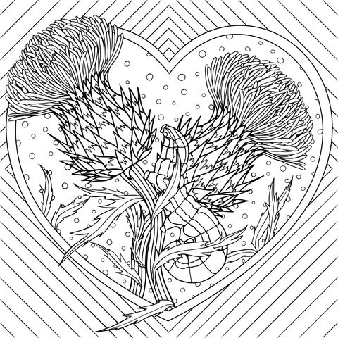 Heart - shaped Thistle and Caterpillar Coloring Page