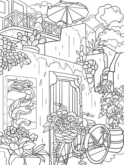 Colorful Courtyard Scene Coloring Page