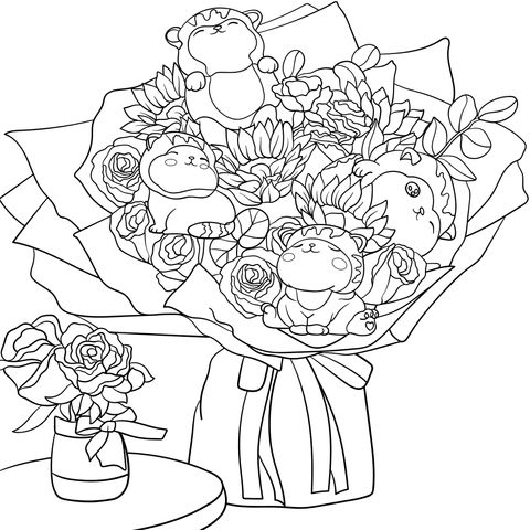 Adorable Hamster Bouquet Coloring Page