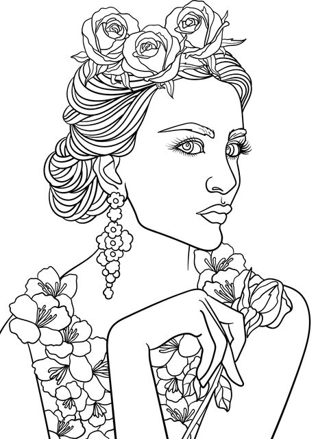 Floral - adorned Woman Coloring Page