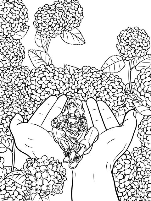 Coloring Page of a Character Sitting on Palms Amidst Dreamy Flowers