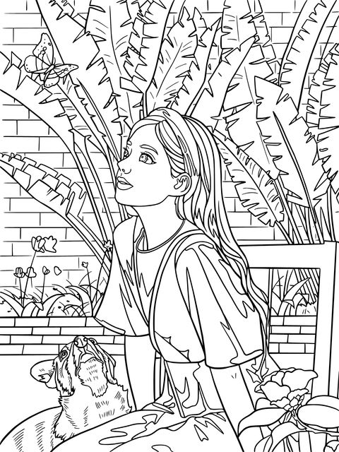 Coloring Page of a Girl and a Corgi in the Garden